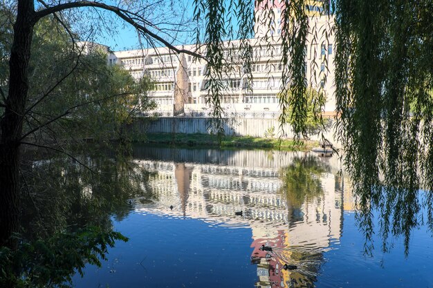 Foto paisaje urbano con un pequeño lago en un cálido día soleado de otoño