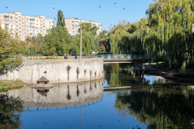 Paisaje urbano con un pequeño lago en un cálido día soleado de otoño