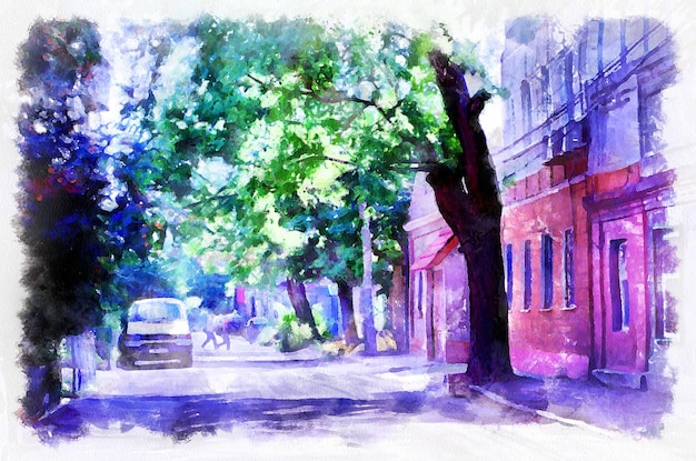 Paisaje urbano de pintura acuarela en un día soleado Imitación de arte digital moderno pintado a mano con tinte aquarells