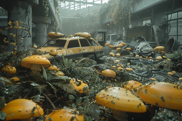 Foto un paisaje urbano post-apocalíptico recuperado por la naturaleza con hongos cordyceps que cubren los puentes