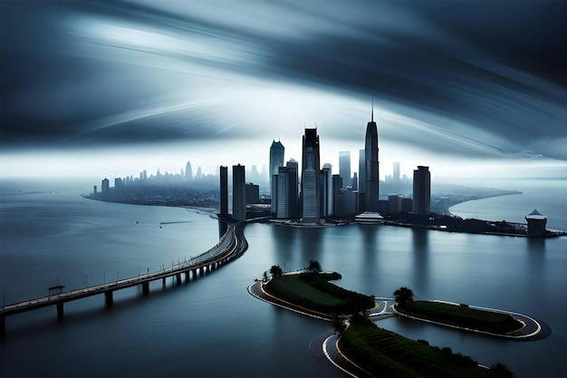 Un paisaje urbano con un puente y una ciudad al fondo.