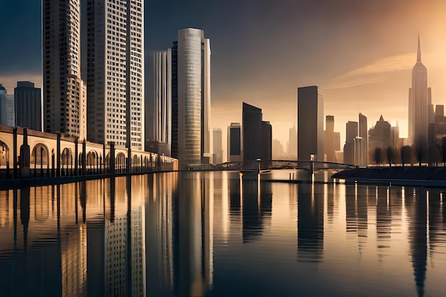 Un paisaje urbano con un puente y edificios al fondo.