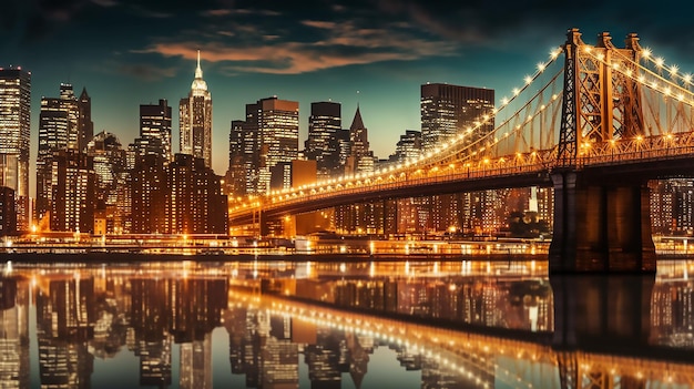 Un paisaje urbano con un puente y las luces encendidas por la noche.