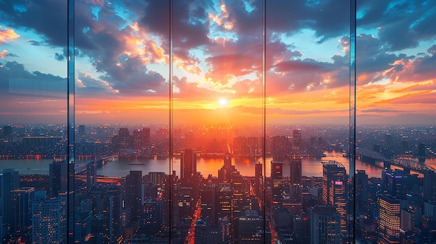 un paisaje urbano con una puesta de sol y el agua en el fondo