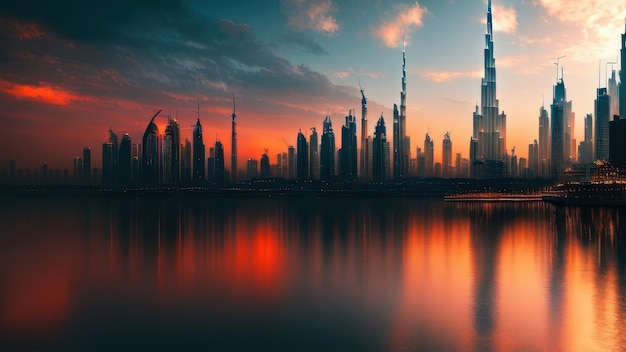 Un paisaje urbano con una puesta de sol y un edificio con la palabra dubai