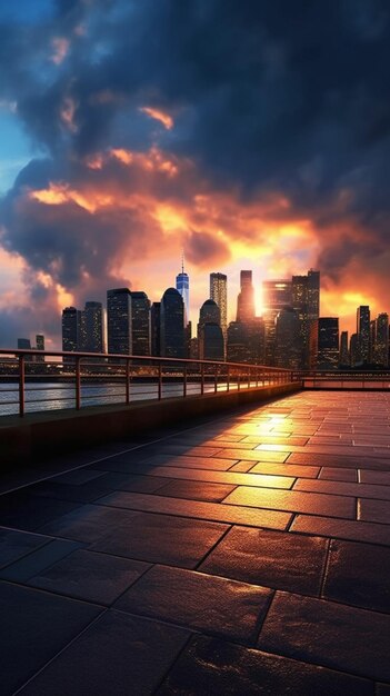 Foto un paisaje urbano con una puesta de sol y un puente.