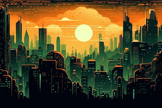 Paisaje urbano con rascacielos y edificios Ilustración vectorial en estilo retro