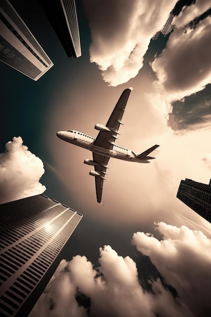 Paisaje urbano de rascacielos modernos sobre aviones en el cielo y las nubes usando tecnología generativa de ai