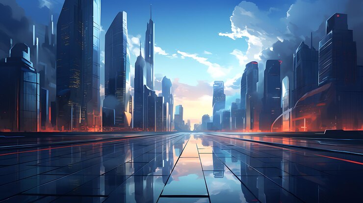 un paisaje urbano con un reflejo de una ciudad en el agua
