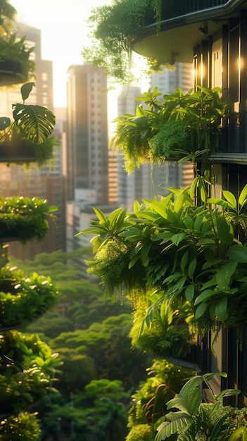 Paisaje urbano refrescante Plantas verdes vibrantes dan vida al entorno urbano Papel de pared móvil vertical