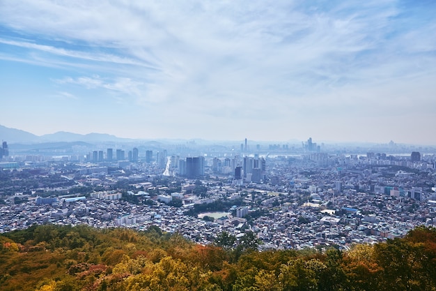 Paisaje urbano de Seúl la vista de contraste entre la ciudad y la naturaleza