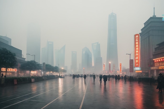 Paisaje urbano de Shanghai en la contaminación por niebla