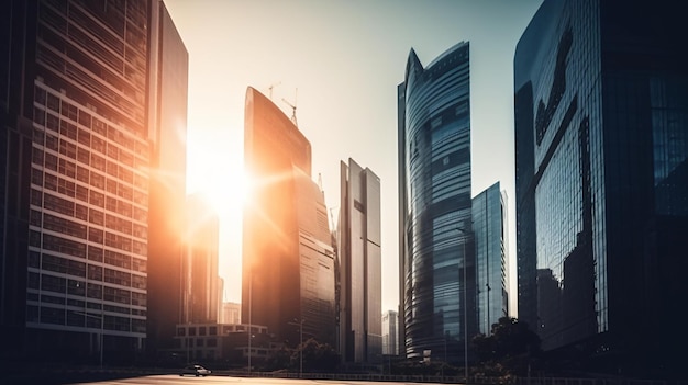 Un paisaje urbano con el sol brillando encima