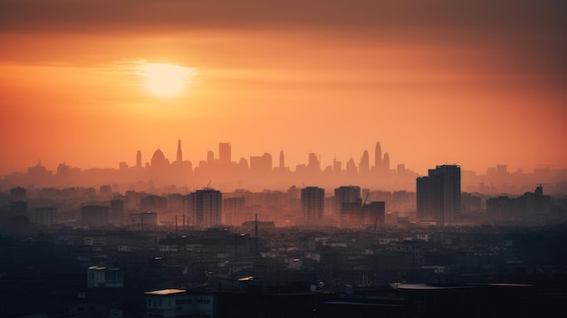 Un paisaje urbano con el sol poniéndose detrás y la ciudad al fondo.