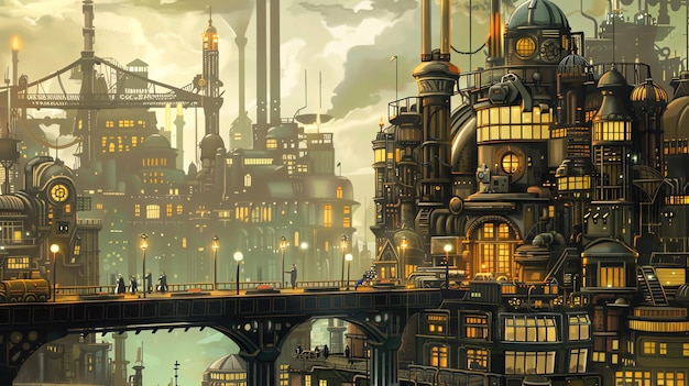 Un paisaje urbano steampunk con maquinaria intrincada y luces brillantes
