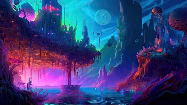 Un paisaje urbano submarino lleno de criaturas bioluminescentes Fantasía panorámica tomada en lo profundo del océano atmósfera misteriosa Ilustración digital con colores vibrantes y brillantes IA generativa