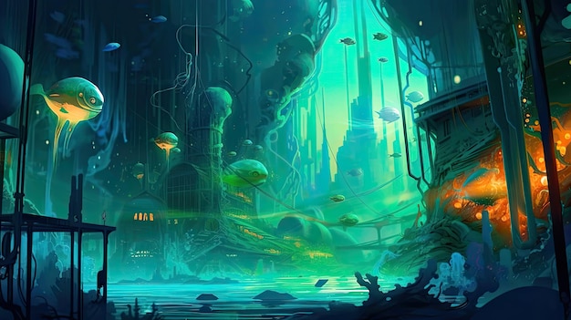 Un paisaje urbano submarino lleno de criaturas bioluminescentes Fantasía panorámica tomada en lo profundo del océano atmósfera misteriosa Ilustración digital con colores vibrantes y brillantes IA generativa