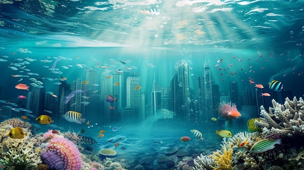 Un paisaje urbano submarino surrealista con vida marina