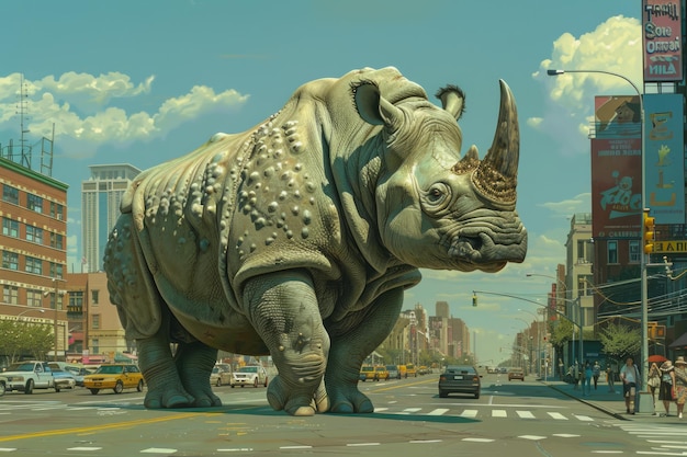 Paisaje urbano surrealista con un rinoceronte gigante caminando por la calle urbana en un día de cielo azul claro