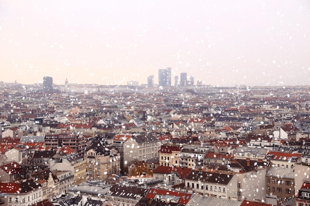 Paisaje urbano de los tejados de Viena con nieve