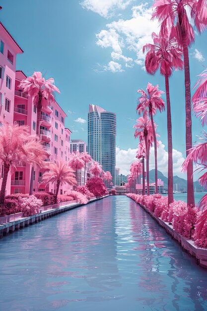 Paisaje urbano de tonos rosados con palmeras y vías fluviales