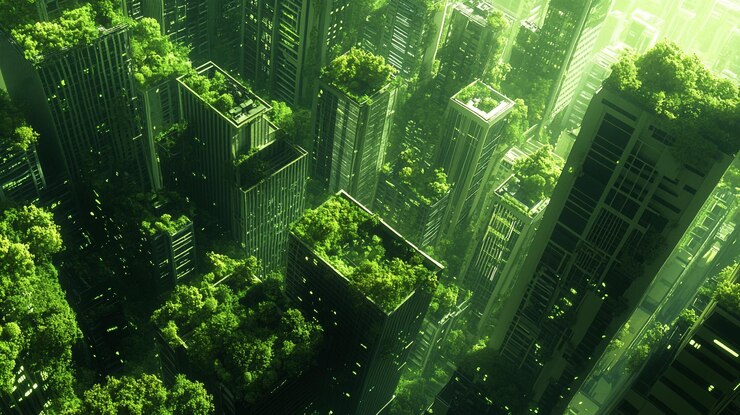 El paisaje urbano transformado por la exuberante vegetación y la vegetación bajo la brillante luz del sol