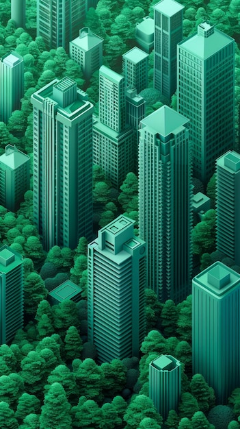 Foto paisaje urbano verde futurista con edificios de gran altura y diseño urbano respetuoso con el medio ambiente para