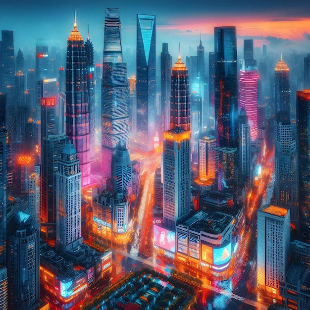 Un paisaje urbano vibrante al crepúsculo con altos rascacielos y luces de neón que se reflejan en las calles