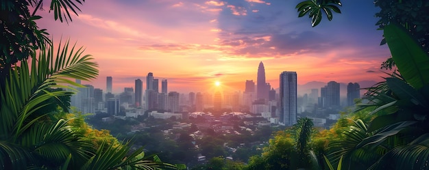 Paisaje urbano vibrante enmarcado por una exuberante vegetación y un colorido fondo de cielo al atardecer Concepto paisajismo urbano inspirado en la naturaleza Horizonte adornado con tonos vibrantes Explosión de colores en el paisaje urbano del atardecer