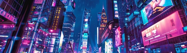Un paisaje urbano vibrante por la noche con luces de neón y altos rascacielos que capturan la esencia dinámica de la vida nocturna metropolitana