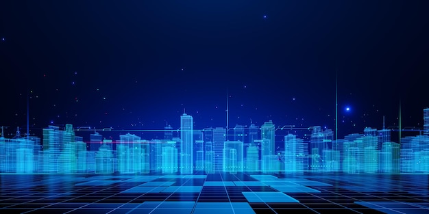 Paisaje urbano virtual con cuadrícula digital y luces azules