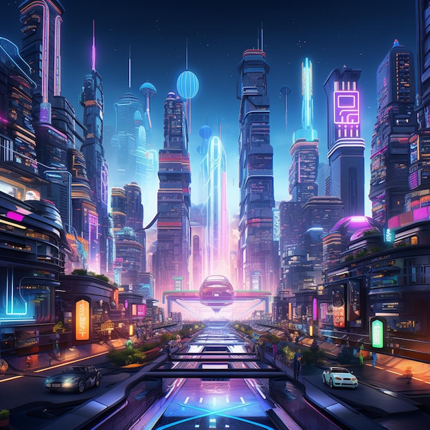 paisaje urbano virtual futurista en un reino virtual generado por la IA