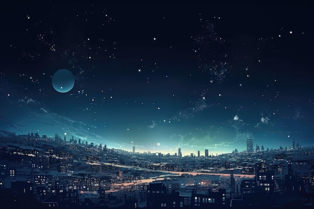 Paisaje urbano con vista al cielo nocturno estrellado y planetas distantes creados con ai generativa