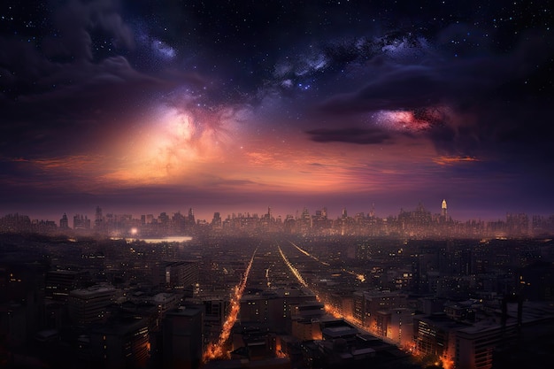 Paisaje urbano con vista de nebulosa distante en el fondo creado con ai generativo
