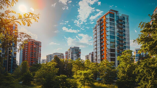 Paisaje urbano con viviendas contemporáneas y un entorno verde fresco en una metrópolis