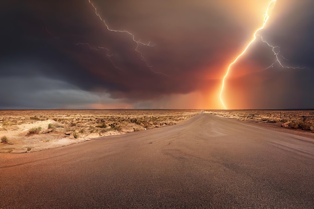 Paisaje de un valle arenoso con una carretera vacía y relámpagos que golpean el suelo cielo oscuro ilustración 3d