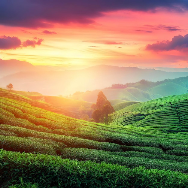 paisaje del valle de la plantación de té en el tiempo del amanecer del atardecer