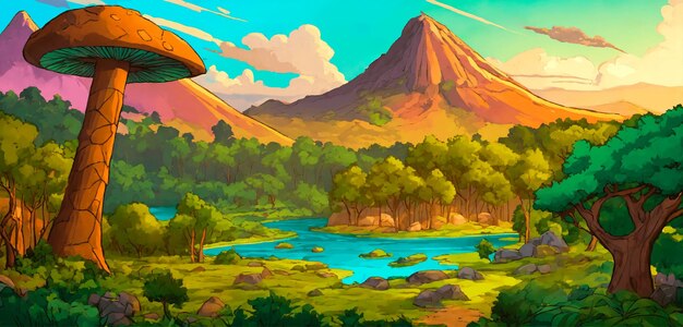 Un paisaje de valle prehistórico al estilo de dibujos animados