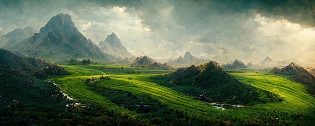 Paisaje de valle en tierras altas con verdes colinas y plantaciones de té.