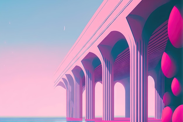 Paisaje Vaporwave con edificio abstracto con pilares estilo de los años 80 rosa y azul escena arquitectónica minimalista generada por IA