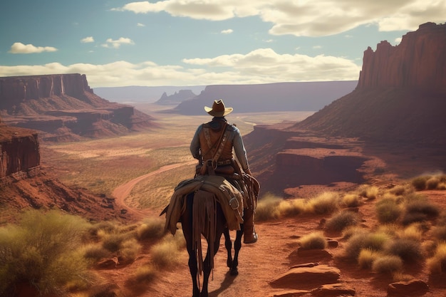 Paisaje con vaquero a caballo canions en el fondo concepto del viejo oeste IA generativa