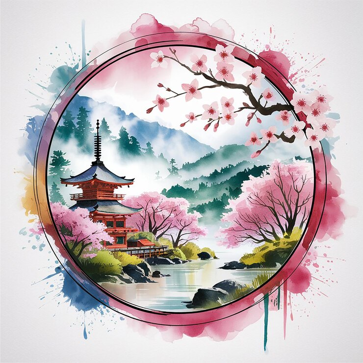 Paisaje vectorial de acuarela de las flores de cerezo