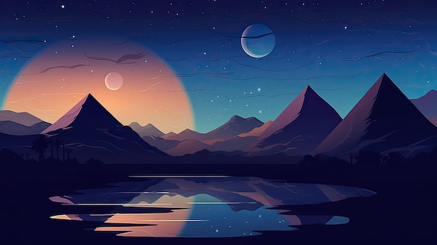 Foto paisaje vectorial con montañas y luna por ai