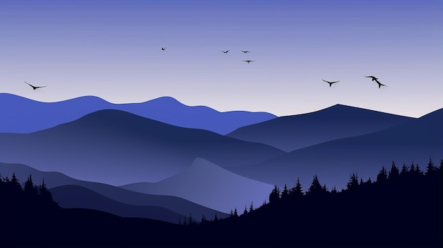Paisaje vectorial con siluetas azules de montañas en el fondo