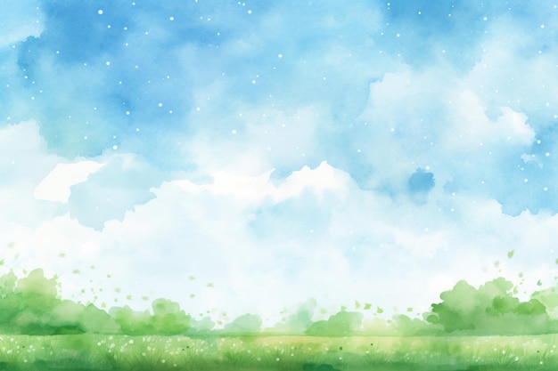 Paisaje de verano en acuarela con nubes y prado Ilustración dibujada a mano