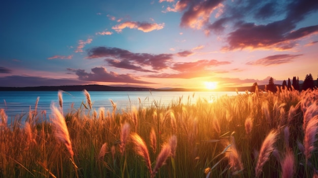 Paisaje de verano al atardecer o al amanecer con un campo salvaje y un lago al fondo