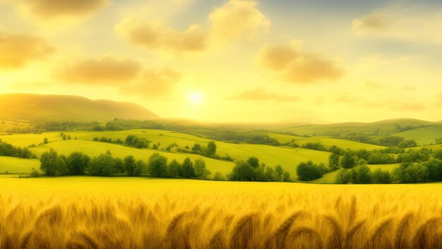 Paisaje de verano con un campo de trigo maduro y colinas y valles en el fondo