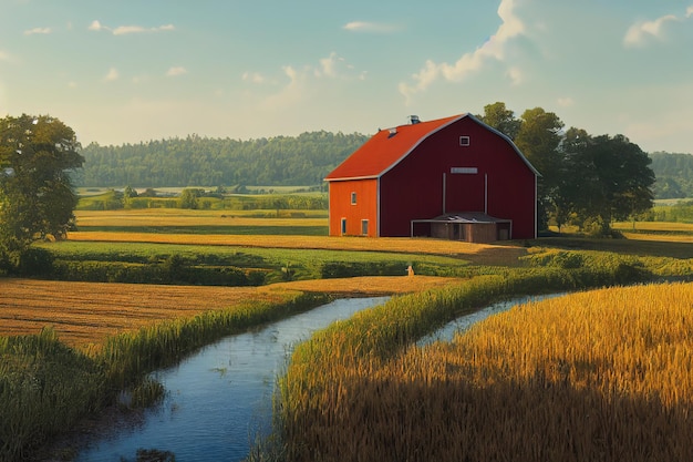 Paisaje de verano con campos y una casa de río en la orilla del río con árboles bajo el cielo azul ilustración 3d