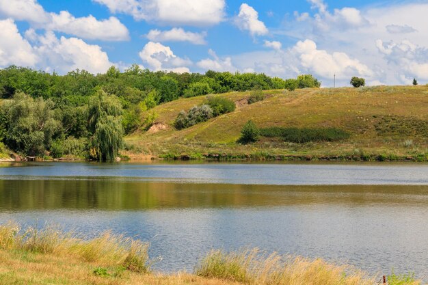 Paisaje de verano con hermoso lago verde prados colinas árboles y cielo azul