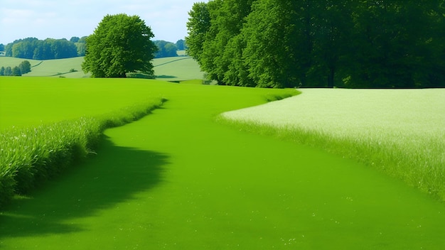 Paisaje de verano con hierba verde en un campo y un bosque en la distancia en un clima soleado Generación de IA